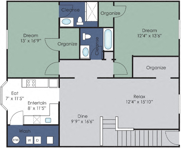 Floor plan for 2 beds, 2 baths, 1290 sqft